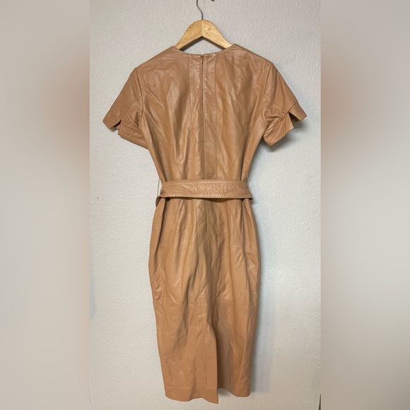 Karen Millen Lamb Leather Forever Short Sleeve Pencil Midi Dress Tan Brown Sz 6 - Picture 3 of 6